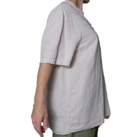 Linen blend Box shirt with embroidery Short sleeves cream color Size L UTCOCO - Picture 2 of 12